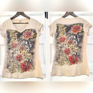 Y2K Rhinestone Graphic Baby T Shirt Womens L Beige Red Black V Neck USA Vintage